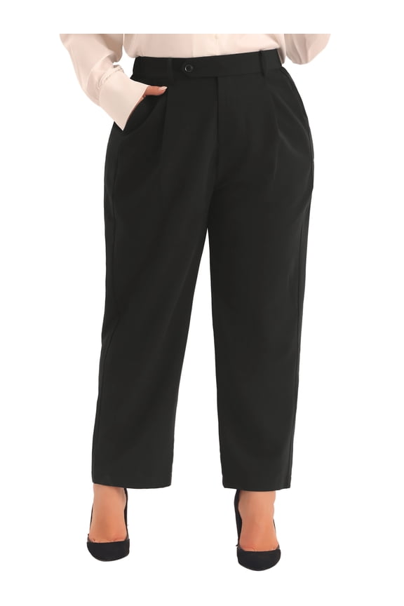 Women's Plus Size Pleated Work Office Outfits High Waisted Straight Business Casual Pants with Pocket 2X Black