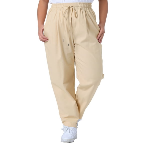 Agnes Orinda Women's Plus Size Pants Straight Leg Drawstring Elastic Work Trousers 1X Light Khaki