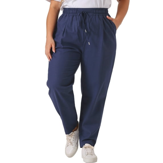 Agnes Orinda Women's Plus Size Pants Straight Leg Drawstring Elastic Work Trousers 1X Navy Blue