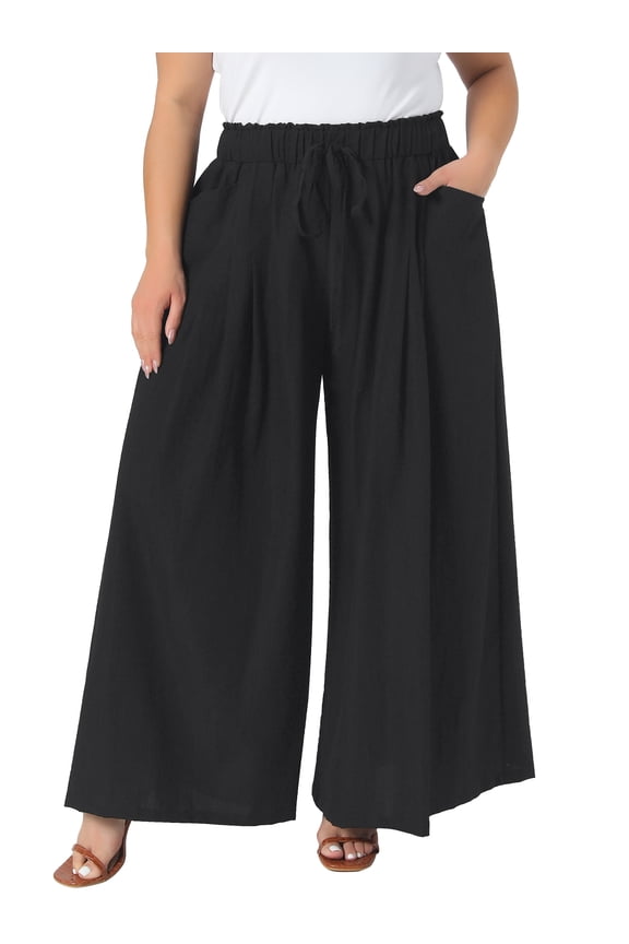 Women's Plus Size Pants Tie Knot Adjustable High Waist Wide Lightweight Leg Palazzo Casual Summer Trousers with Pockets 3X Black