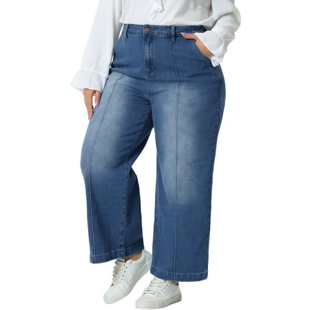 Agnes Orinda Women's Plus Size Denim Pants Wide Leg Baggy Washed Stretch Casual Jean with Pockets 1X Mid Blue