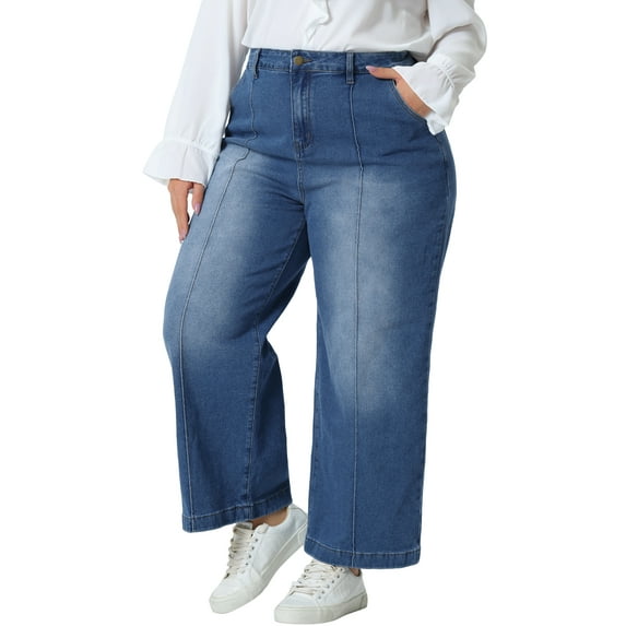 Agnes Orinda Women's Plus Size Denim Pants Wide Leg Baggy Washed Stretch Casual Jean with Pockets 2X Mid Blue
