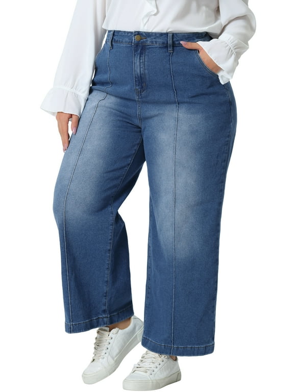Women's Plus Size Denim Pants Wide Leg Baggy Washed Stretch Casual Jean with Pockets 3X Mid Blue