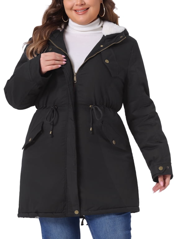 Women's Plus Size Parkas Jackets Faux Fur Lined Long Coats Casual Anorak Outwear Coat with Hood 1X Black