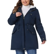 AGNES ORINDA Women's Plus Size Parkas Jackets Faux Fur Lined Long Coats Casual Anorak Outwear Coat with Hood 1X Navy Blue