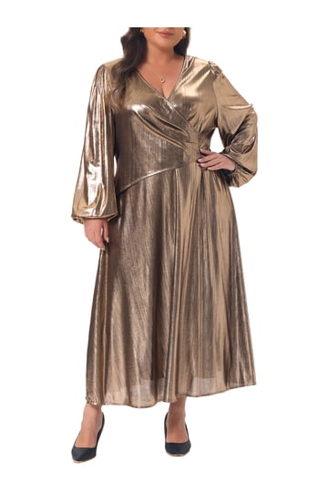 gold metallic plus size dress Trophy Wife for Curve and a one shoulder silhouette and an elasticized keyhole cutout that helps flatter all different body types SHEIN Lady CURVE Plus Size