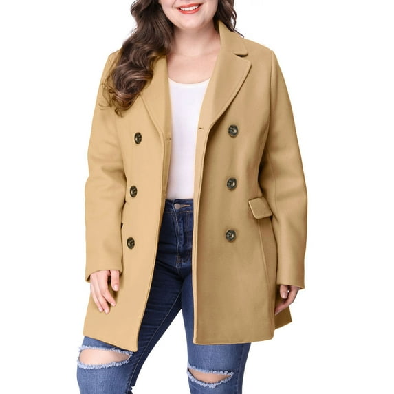 Agnes Orinda Women's Plus Size Peacoat Notched Lapel Double Breasted Winter Long Coat with Pocket 3X Brown
