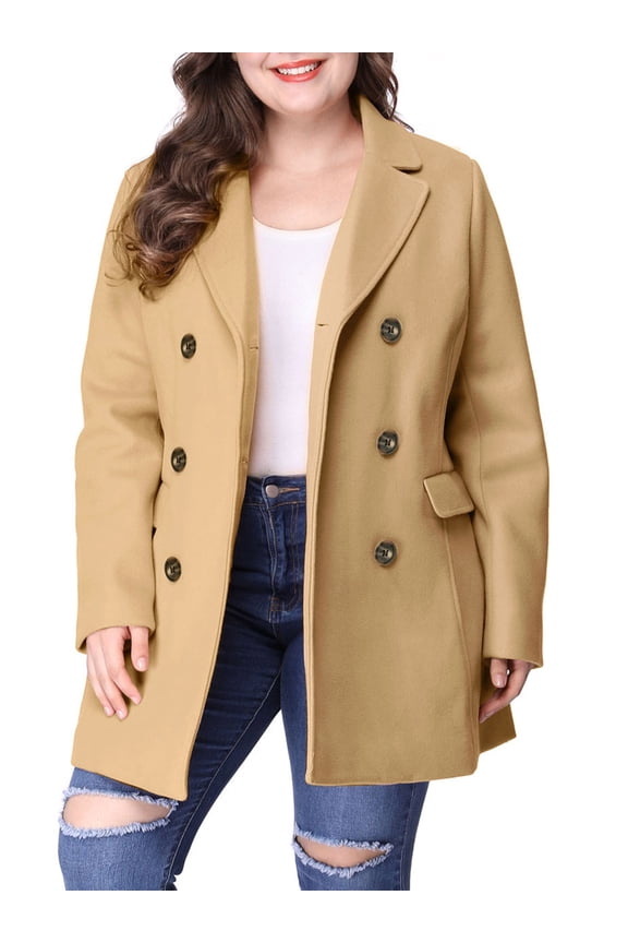 Women's Plus Size Peacoat Notched Lapel Double Breasted Winter Long Coat with Pocket 3X Brown