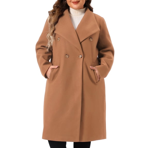 Agnes Orinda Women's Plus Size Halloween Outfits Peacoat Overcoat Notch Big Lapel Double Breasted Mid-Long Trench Coat 1X Camel