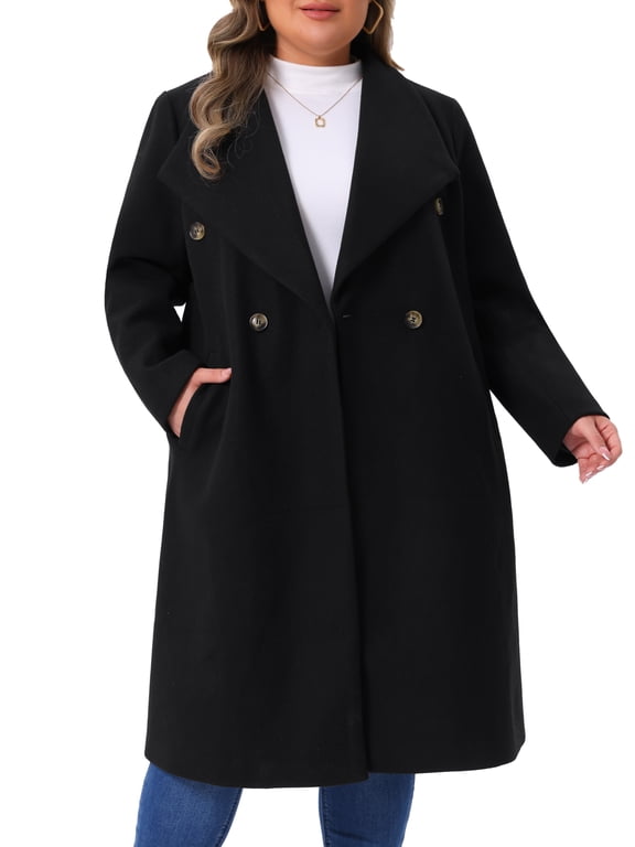 Women's Plus Size Halloween Outfits Peacoat Overcoat Notch Big Lapel Double Breasted Mid-Long Trench Coat 4X Black