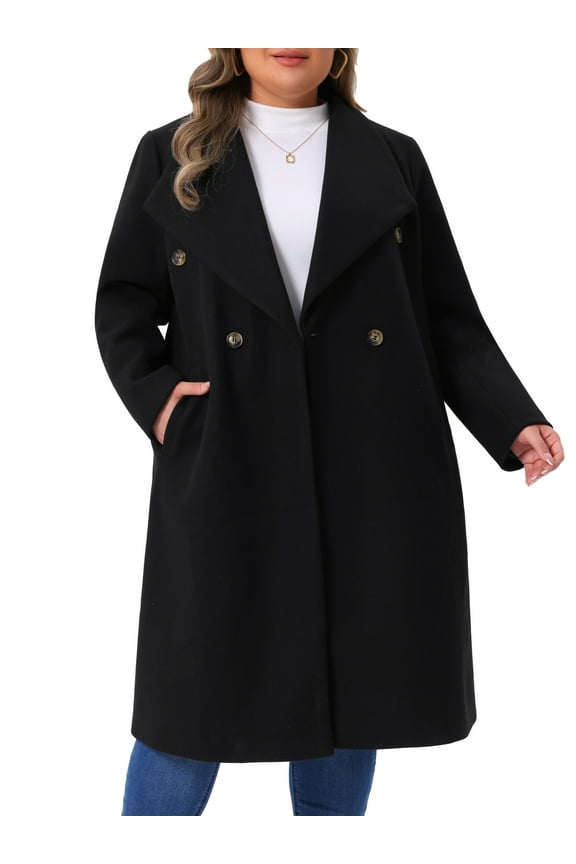 Women's Plus Size Peacoat Overcoat Notch Big Lapel Double Breasted Mid-Long Trench Coat 4X Black