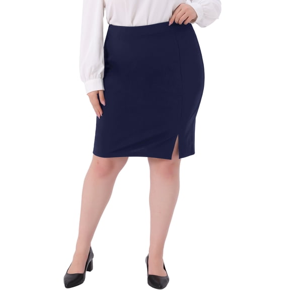 Agnes Orinda Women's Plus Size Pencil Skirt High Waist Stretchy Side Slit Bodycon Business Work Midi Skirts with Back Zipper 4X Navy Blue