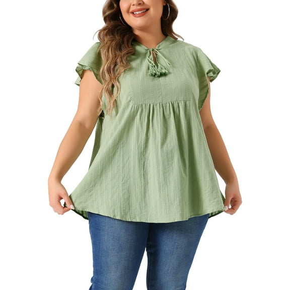 Agnes Orinda Women's Plus Size Peplum Babydoll Tie V Neck Ruffle Flowy Tunic Top 1X Green