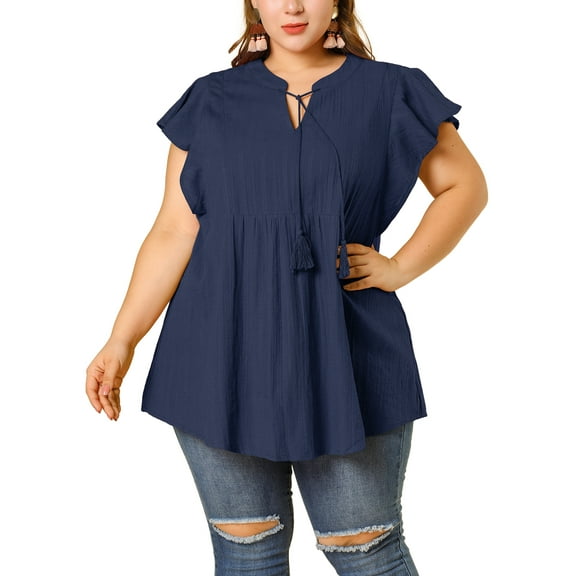 Agnes Orinda Women's Plus Size Peplum Babydoll Tie V Neck Ruffle Flowy Tunic Top 3X Navy Blue