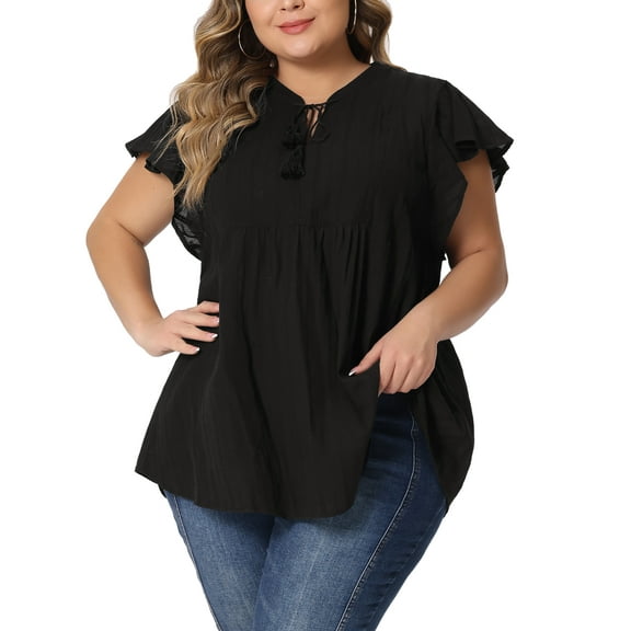 Agnes Orinda Women's Plus Size Peplum Babydoll Tie V Neck Ruffle Flowy Tunic Top 4X Black