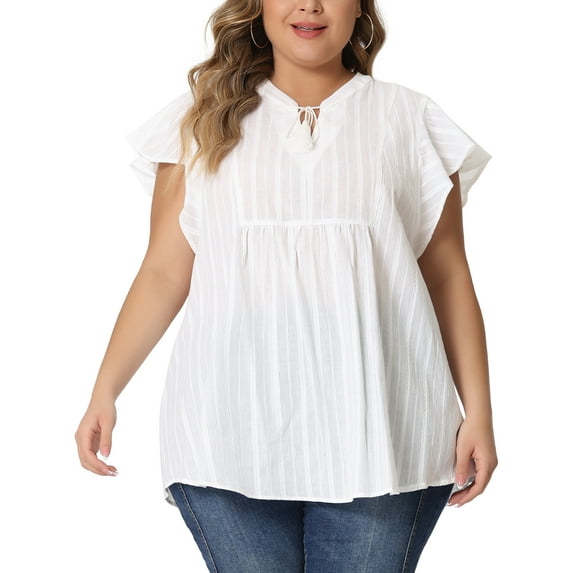 Agnes Orinda Women's Plus Size Peplum Babydoll Tie V Neck Ruffle Flowy Tunic Top 4X White
