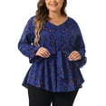 thumbnail image 1 of Agnes Orinda Women's Plus Size Peplum Blouse Graphic Print Belted Long Sleeve V Neck Tops 1X Royal Blue, 1 of 6