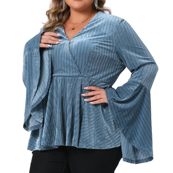 Agnes Orinda Women's Plus Size Peplum Blouses Sparkly Texture Velvet Long Bell Sleeve V Neck Ruffle Hem Party Tunic Wrap Shirt 1X Blue