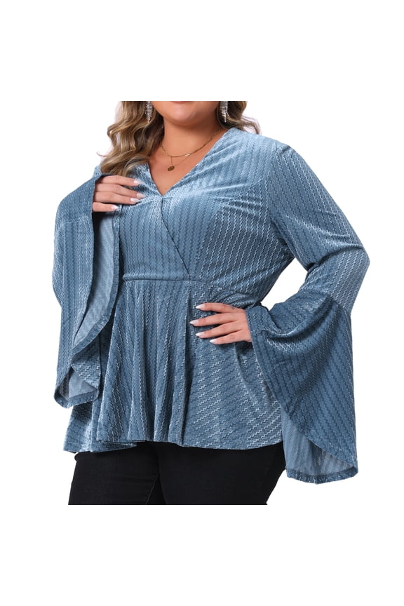 Women's Plus Size Peplum Blouses Sparkly Texture Velvet Long Bell Sleeve V Neck Ruffle Hem Party Tunic Wrap Shirt 1X Blue
