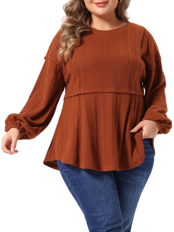 Women's Plus Size Halloween Outfits Peplum Tops Rib Knit Crew Neck Puff Long Sleeve Flared Hem Vintage Casual Blouses 3X Brick Red