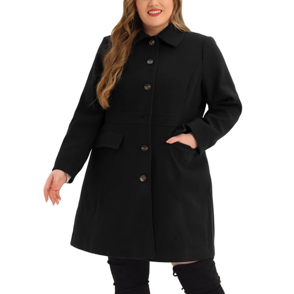 Agnes Orinda Women's Plus Size Peter Pan Collar Coat Solid Single Breasted Long Fall Winter Outerwear with Pockets 1X Black