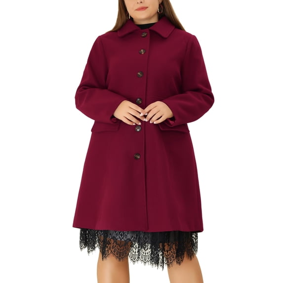 Agnes Orinda Women's Plus Size Peter Pan Collar Coat Solid Single Breasted Long Fall Winter Outerwear with Pockets 1X Burgundy