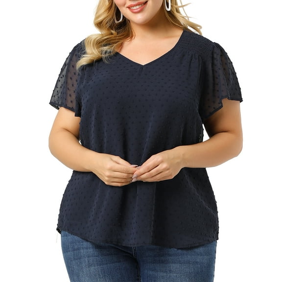 Agnes Orinda Women's Plus Size Pin Dots Short Sleeve V Neck Casual Plain Top 1X Royal Blue