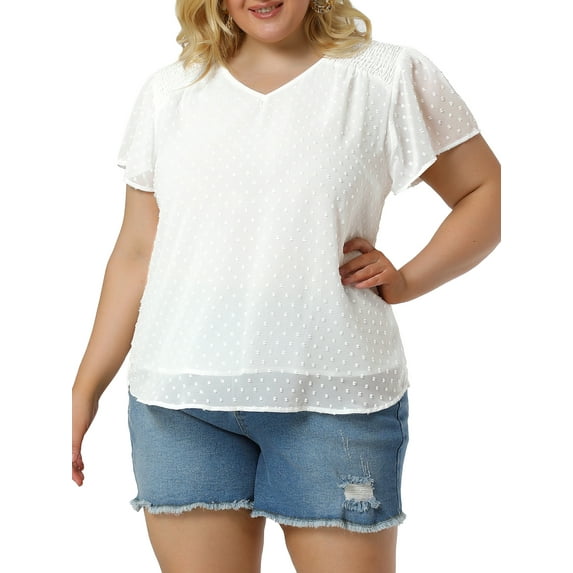 Agnes Orinda Women's Plus Size Pin Dots Short Sleeve V Neck Casual Plain Top 2X White