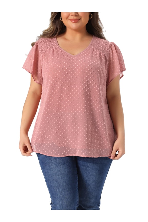 Women's Plus Size Pin Dots Short Sleeve V Neck Casual Plain Top 4X Pink