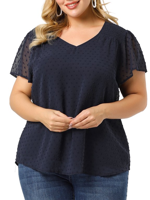 Women's Plus Size Pin Dots Short Sleeve V Neck Casual Plain Top 4X Royal Blue