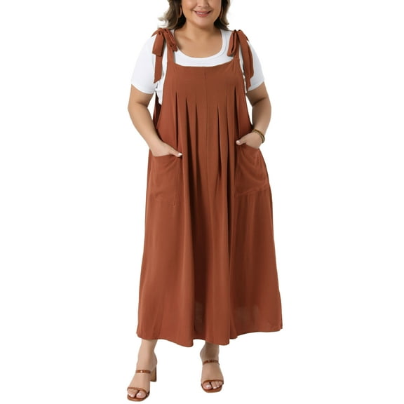 Agnes Orinda Women's Plus Size Pinafore Dress Tie Shoulder Strap Pleated Jumper Dress Casual Overall Dress with Pockets 2X Khaki