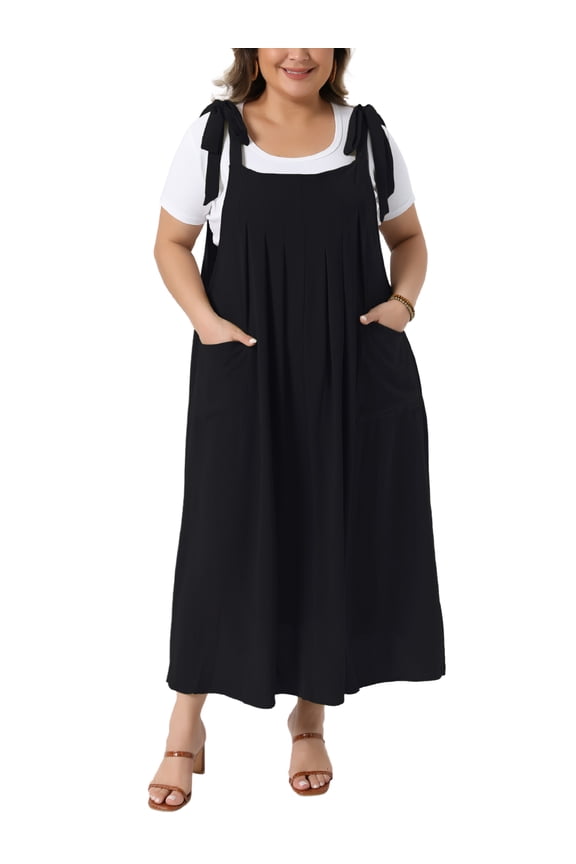 Women's Plus Size Pinafore Dress Tie Shoulder Strap Pleated Jumper Dress Casual Overall Dress with Pockets 3X Black
