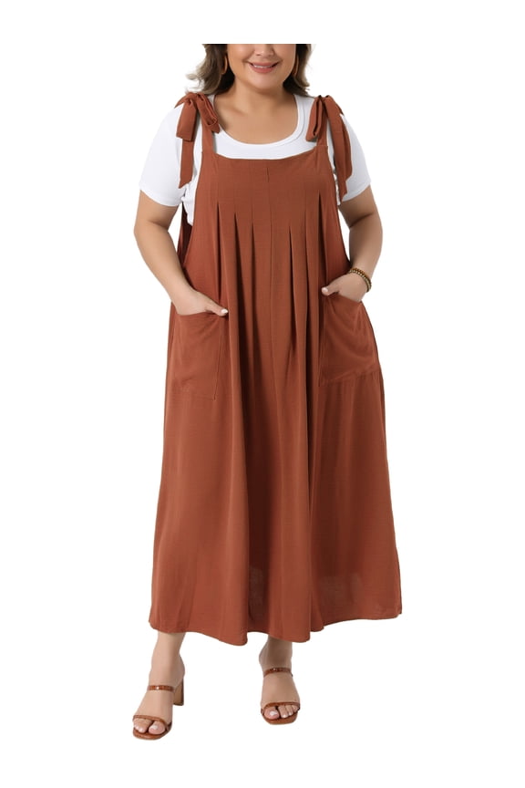 Women's Plus Size St. Patrick's Day Pinafore Dress Tie Shoulder Strap Pleated Jumper Dress Casual Overall Dress with Pockets 4X Khaki