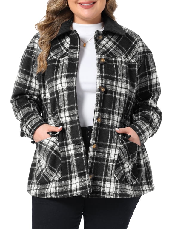 Women's Plus Size Halloween Outfits Plaid Flannel Shacket Contrast Corduroy Collar Button Down Long Sleeve Casual Jacket with Pocket 4X Black
