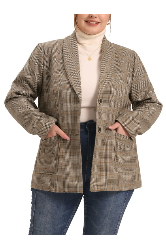 Women's Plus Size Plaid Notched Lapel Wear-to-Work Formal Blazer 1X Brown