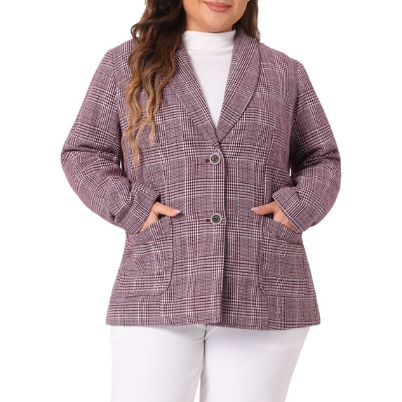 Agnes Orinda Women's Plus Size Plaid Notched Lapel Wear-to-Work Formal Blazer 1X Burgundy