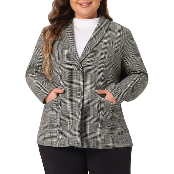 Agnes Orinda Women's Plus Size Plaid Notched Lapel Wear-to-Work Formal Blazer 2X Black Brown