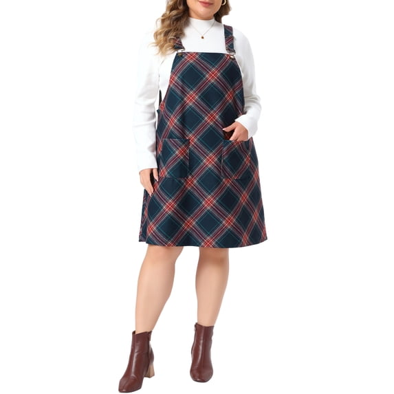 Agnes Orinda Women's Plus Size Halloween Outfits Plaid Pinafore Midi Dress Sleeveless Adjustable Strap Suspender Overall Dresses with Pockets 3X Dark Blue