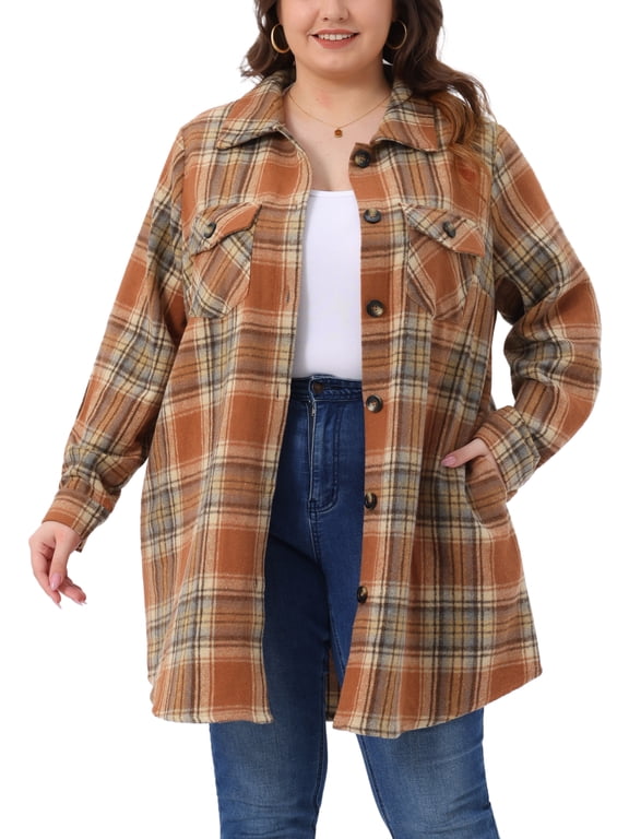 Women's Plus Size Halloween Outfits Plaid Shacket Jacket Long Sleeve Button Down Flannel Shirts Fashion Jacket 1X Orange