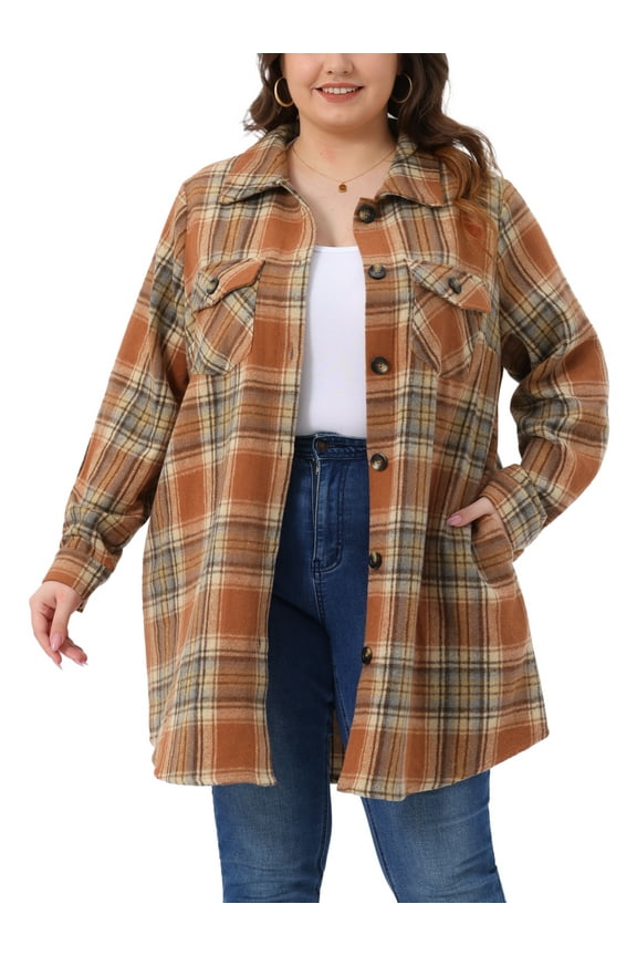 Women's Plus Size Plaid Shacket Jacket Long Sleeve Button Down Flannel Shirts Fashion Jacket 3X Orange