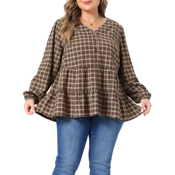 Agnes Orinda Women's Plus Size Halloween Outfits Plaid Tiered Babydoll Blouse Gingham V Neck Puff Long Sleeve Buttons Dressy Casual Peplum Tunic Top 2X Brown