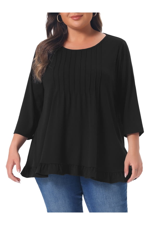 Women's Plus Size Blouses Pleated Front Ruffle Hem Crew Neck 3/4 Sleeve Swing Casual Tunic Tops 3X Black