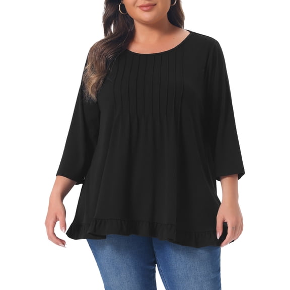 Agnes Orinda Women's Plus Size Halloween Outfits Blouses Pleated Front Ruffle Hem Crew Neck 3/4 Sleeve Swing Casual Tunic Tops 3X Black