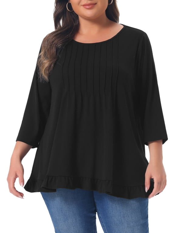 Women's Plus Size Halloween Outfits Blouses Pleated Front Ruffle Hem Crew Neck 3/4 Sleeve Swing Casual Tunic Tops 3X Black