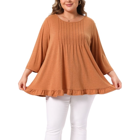 Agnes Orinda Women's Plus Size Halloween Outfits Blouses Pleated Front Ruffle Hem Crew Neck 3/4 Sleeve Swing Casual Tunic Tops 4X Caramel
