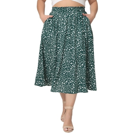 Agnes Orinda Women's Plus Size Skirts Pleated High Waist Midi Floral Print Skirt with Pockets 1X Dark Green