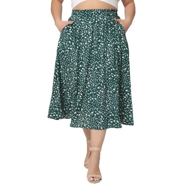 Agnes Orinda Women's Plus Size Pleated Elastic High Waist Midi Floral Print Skirt with Pockets 2X Dark Green