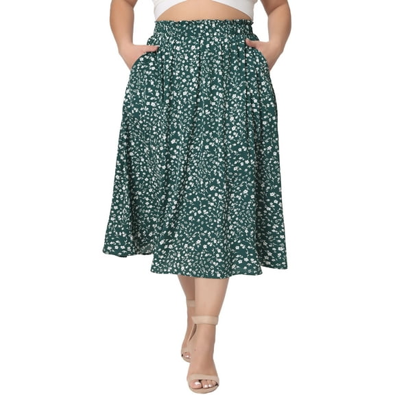 Agnes Orinda Women's Plus Size Skirts Pleated High Waist Midi Floral Print Skirt with Pockets 3X Dark Green