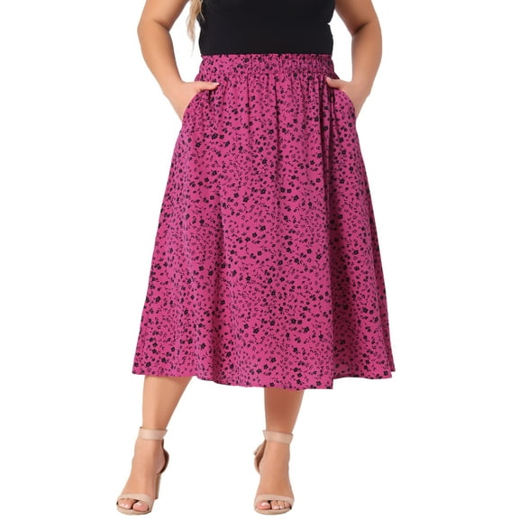 Agnes Orinda Women's Plus Size Skirts Pleated High Waist Midi Floral Print Skirt with Pockets 3X Hot Pink
