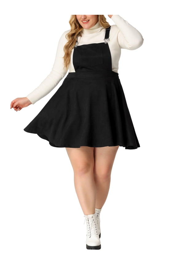 Women's Plus Size Pleated Faux Suede Mini Overall Suspender Skirt 2X Black